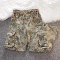 Hnewly Y2K Camouflage Cargo Jeans for Women American Midi Waist Drawstring Wide Leg Pants Bf Fashion Streetwear Hip Hop Denim Trousers