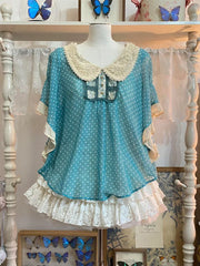 Hnewly Vintage Doll Collar Polka Dot Short Sleeve Women's Summer Top And Lace Skirt Set Fashionable Retro Style Midi Dress