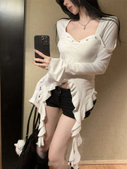 Hnewly Slim Cropped Ruffles T Shirt Women Long Sleeve Streetwear Retro Tops Casual Sexy Square Collar Female Korean Irregular Tees