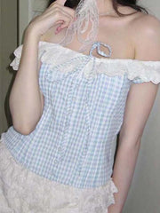 Hnewly Sweet Cute Plaid Lace Spliced Slim Fit Women Camisole Tops Bow Button Ruched Fashion Trendy Chic Blouses