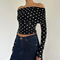 Hnewly Vintage Elegant Off-shoulder T-shirt Women Casual Full Sleeve Skinny Shirt for Summer Streetwear Basic Tees y2k Aesthetic