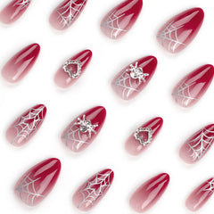 Hnewly Almond Red Press-on Nail Silver Spiderweb Pattern Heart Decor Artificial Nail for Women and Girl Party Activity