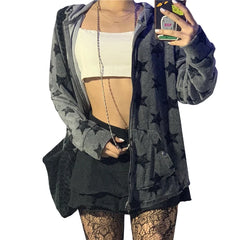 Hnewly Gothic Sweatshirt Women Punk Style Star Pattern Zip Up Long Sleeve Hooded Tops with Pockets y2k Dark Academia Clothes