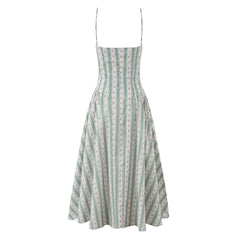 Hnewly Striped Floral Print Bra with Wire Corset Style Sling Dress Women Low Waist Ruched Pleated Swing Midi Long Dresses Robe