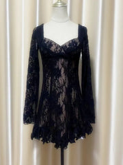 Hnewly Fashion Lace Dress Women's Square Collar Long Sleeve Backless Casual Dresses 2025 Summer New Tide