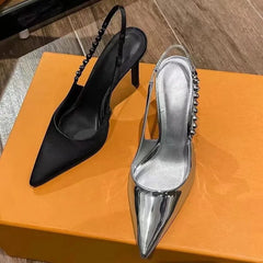 Hnewly Women High Heel Sandals Summer New Fashion Pointed Toe Sexy Silver Party Wedding Slingback Women Luxury High Heel Sandals