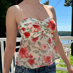 Hnewly Holiday Floral Print Mesh Tube Top Summer Kawaii Strapless A-line Crop Tops for Women Cute Coquette Vest Vintage Tee Lady