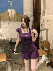 Hnewly New Women Slim Temperament Purple Black Mini Dress Sexy Summer Knit Waist Skirt Spice Girls Dresses Bodycon Dress High Quality