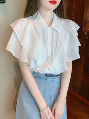 Hnewly Chiffon Lantern Sleeve Shirts Women Loose Fit Lightweight Ruffled Hem Perfect for Beach Picnics or Romantic Candlelight Dinners