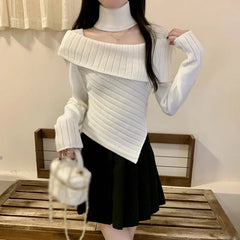Hnewly Sweater y2k Clothes Women Coquette Off Shoulder Long Sleeve Irregular Hem Knitted Halter Tops 2000s Clothing Streetwear