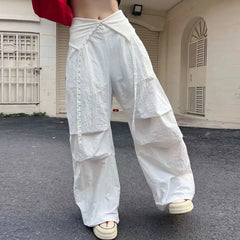 Hnewly Vintage Patchwork Wide Leg Pants for Women Y2K Lapel Low Waist Streetwear Dance Pants American Hip Pop Loose Parachute Trousers