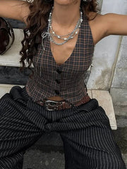 Hnewly Fashion Slim Fit Plaid Prints Women Tank Tops V-Neck Hottie Y2k Halter Backless Sexy Streetwear Style Tanks