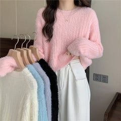 Hnewly Fuzzy Knit Top Women Pullover Long Sleeve Plain Crop Sweate Pink Fluffy Jumper for Women Teen-girl Fall Winter Y2K Outfit