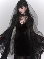 Hnewly Halloween Gothic Women Dress Long Sleeve High Waist Lace Dresses Y2K Vintage Punk Sexy Goth Aesthetic Slim Party Club Robe