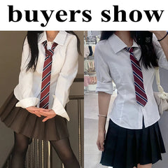 Hnewly Women's White Shirt Korean Preppy Style Long Sleeve Turndown Collar Blouse School Girl Uniform Student Slim Shirts