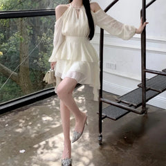 Hnewly Elegant Chiffon Dresses for Women Fairycore Casual White Dress Sweet Korean Fashion Off Shoulder Summer Mini Dress Slim