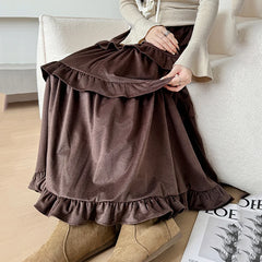 Hnewly Vintage Ruffles Velvet Long Skirts Women Fashion Elastic High Waist A Line Cake Skirt Woman Autumn Winter Mid Length Skirts