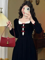 Hnewly French Elegant Retro Sweet One Piece Mini Party Dress Female Y2k Korean Fairy Lace Slim Dress Black Office Lady Autumn Winter