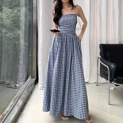 Hnewly Vintage Plaid Dress Women Summer Korean Elegant Tube Top All-Match Midi Dress Y2K Folds Off Shoulder Holiday Beach Vestidos