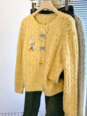 Hnewly Korean Cartoon Embroidered Sweater Women Spring Autumn New Soft Long Sleeved Knitted Cardigan O-neck Single Breasted Top