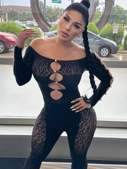 Hnewly New Sexy Jumpsuit One Shoulder Perforated Design, Thickened Dark Stripe Lace Pearl Women Jumpsuits Fashion Slim Women Tops HED2