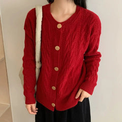 Hnewly Vintage Twist Knit Cardigan Women's Lazy Loose Soft Thickened Single-Breasted 2025 Autumn Winter New Korean Style Female Tops