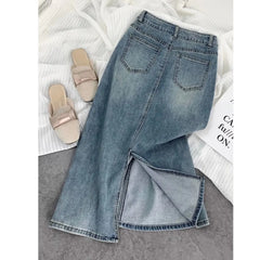 Hnewly Split High Waisted Denim Skirt Versatile Mid Length Jeans Skirt Women Autumn Light Color Fashionable Double Pocket Skirt