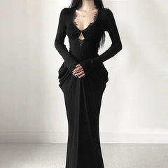 Hnewly Elegant Lace Splicing Mermaid Dress Women Autumn V-neck Long Flare Sleeve Slim Bodycon Vestidos Vintage Chic Evening Party Robe