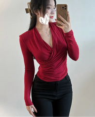 Hnewly V-neck WOMENGAGA Thin Long Sleeve Wine Red Cross Short Top Autumn Slim High Waist Sexy Base T Shirt Undershirts tees Women W9SJ