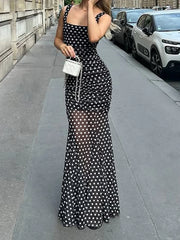 Hnewly Fashion Causal Polka Dots Women Dresses Sheer Mesh Slim Fit French Chic Simple All-Match Trench Summer Dresses