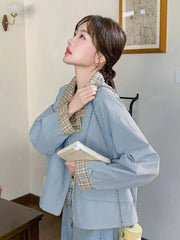 Hnewly Sweet Cargo Jacket Women Loose Preppy Style Plaid Patchwork Short Coat Casual Korean Fashion Long Sleeve Fall Winter Tops