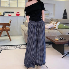 Hnewly Summer Casual Plaid Long Pants for Women Drawstring Wide-Leg Pants Woman Loose Cotton Sports Pants for Women
