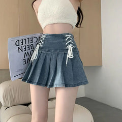 Hnewly Denim Pleated Skirts Women Cute Lace-up Chic Girlish Summer Mini Skirt Korean Style Fashion Sexy High Waist Streetwear College