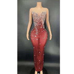 Hnewly Elegant Stretchy Mesh Printed Red Evening Dress For Party Banquet Embellished Maternity Dresses for Pregnancy Photoshoot