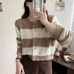 Hnewly Women's Acrylic Long Sleeve O-Neck Button-Down Striped Cropped Knit Cardigan Ladies Autumn Winter Korean Fashion Knitwear