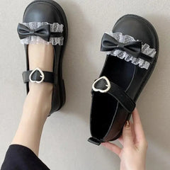 Hnewly Lolita Kawaii Mary Janes Shoes Women Japanese Style Bow Design Sweet Flat Shoes Ladies Pure Color Lace Chic Sandals Autumn