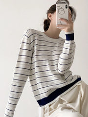 Hnewly Vintage Elegant Striped Sweaters Women Loose O Neck Hollow Out Knitted Pullover French Retro Long Sleeve Casual Jumper Tops