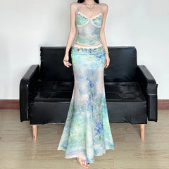 Hnewly Summer Holiday Kawaii Camis Cute Coquette Lace Stitching Mesh See Through Crop Tops Women Transparent Tees y2k Aesthetic