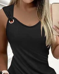 Hnewly Women's Dress Spring/summer Latest Solid Color Asymmetrical Neck Eyelet Pocket Design Casual Daily Vacation Dress