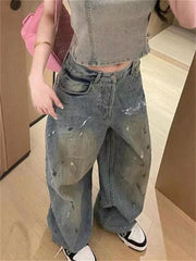 Hnewly Splatter-Paint Vintage Washed Jeans High-Waisted Baggy Graffiti Denim Pants Post-Apocalyptic Wide-Leg Drag Hem Jeans