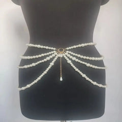 Hnewly Retro Y2K Waist Chain Multilayer Pearl Tassel Body Accessories Character Playing Women Belt Party