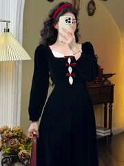 Hnewly French Elegant Retro Sweet One Piece Mini Party Dress Female Y2k Korean Fairy Lace Slim Dress Black Office Lady Autumn Winter