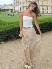 Hnewly Ruffle Hem Women's Skirt Printing Flower Irregular Ankle-length Female Skirts Summer Vacation Fashion Elegant Lady Skirt