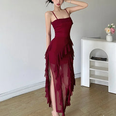 Hnewly DRESS TO IMPRESS New Sexy Backless Lace-up Sling Dresses Summer High Waist Women's Dress Solid Slim Fashion Slash Neck Ruffled Midi Dress