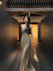 Hnewly Elegant Vintage Midi Dress Women Sleeveless Strap Dress Even Party 2000s Y2k Clothing Korean Fashion Beach Style Bodycon Sexy