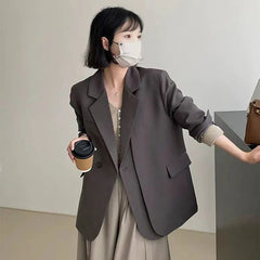 Hnewly Autumn Grey Blazers for Women Y2K Fashion A Button Office Ladies Casual Coats Korean Loose Streetwear All Match Suit Outerwear