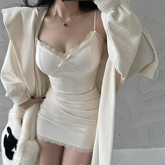 Hnewly Hot Girl Lace Suspender Dress for Women Spring and Summer with Breast Pads Sexy Slim Elegant Low Collar Bottoming Hip Skirt