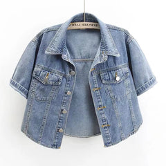 Hnewly Summer Short Sleeved Denim Jacket For Women 2025 Loose Single Breasted Turn Down Collar Loose Coat Korean Fashion Crop Top
