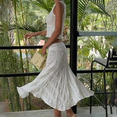 Hnewly Temperament Y2K Casual Streetwear Suits Summer Slim Sleeveless Lace Hollow Top and White Beach Skirt Women 2 Piece Set