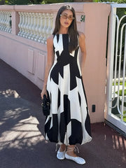 Hnewly Printing Women's Dress O-neck Sleeveless A-line Ankle-length Circle Dot Female Dresses Summer Fashion Vacation Lady Robe 